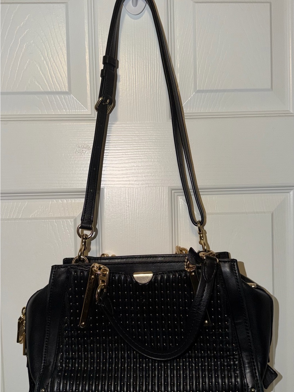 Black Quilted Coach Leather Shoulder Bag with Gold rivets and hardware - Picture 3 of 8